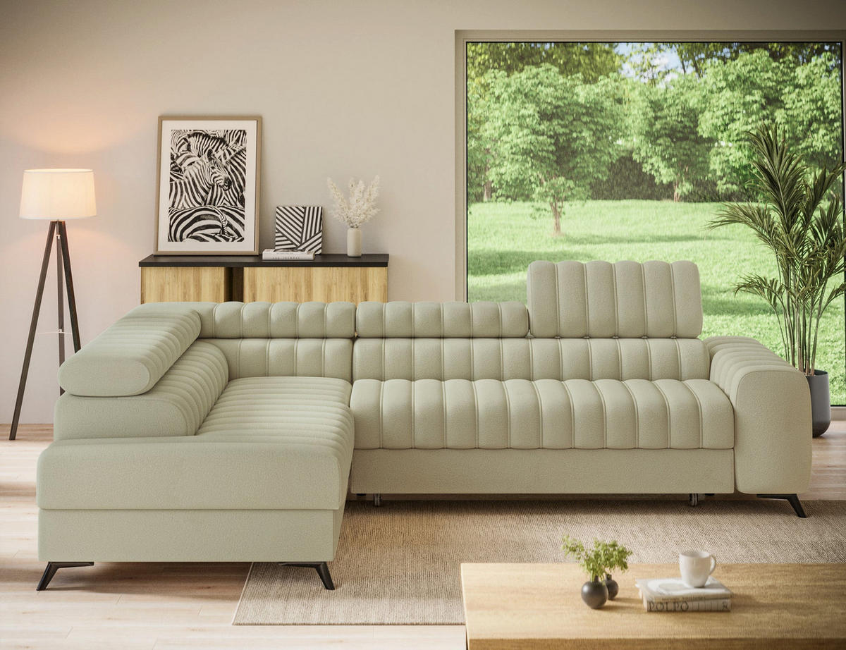 KANEDO Ecksofa mit Schlaffunktion und Bettkasten – Modernes Designsofa, verstellbare Kopfstützen, Metallfüße - Beige, Kunststoff (269/86cm) - Wohnideebilder