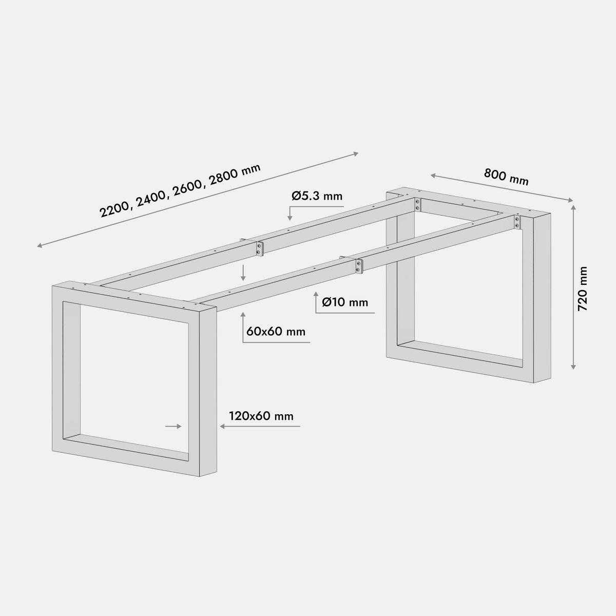 TISCHBEINE Eta Extreme Schwarz Metall 260/80/72 cm - Schwarz, Metall (80/72/260cm) - Metalo Pro