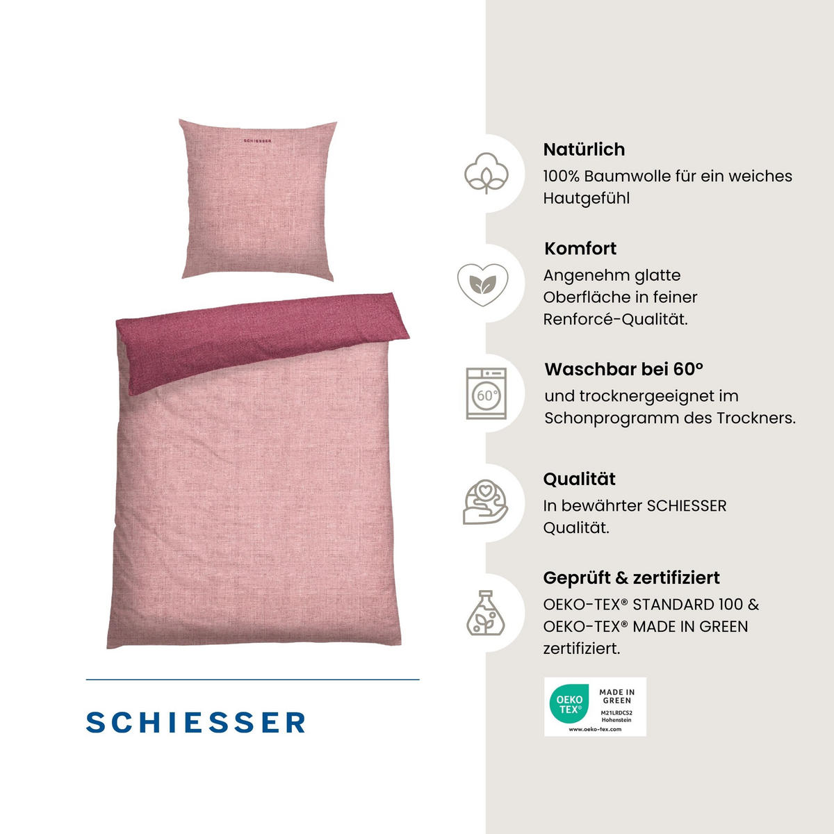 BETTWÄSCHESET Doubleface - Renforcé - 2-teilig - 155 x 220 cm - Rosa - Rosa, Textil (155/220cm) - SCHIESSER