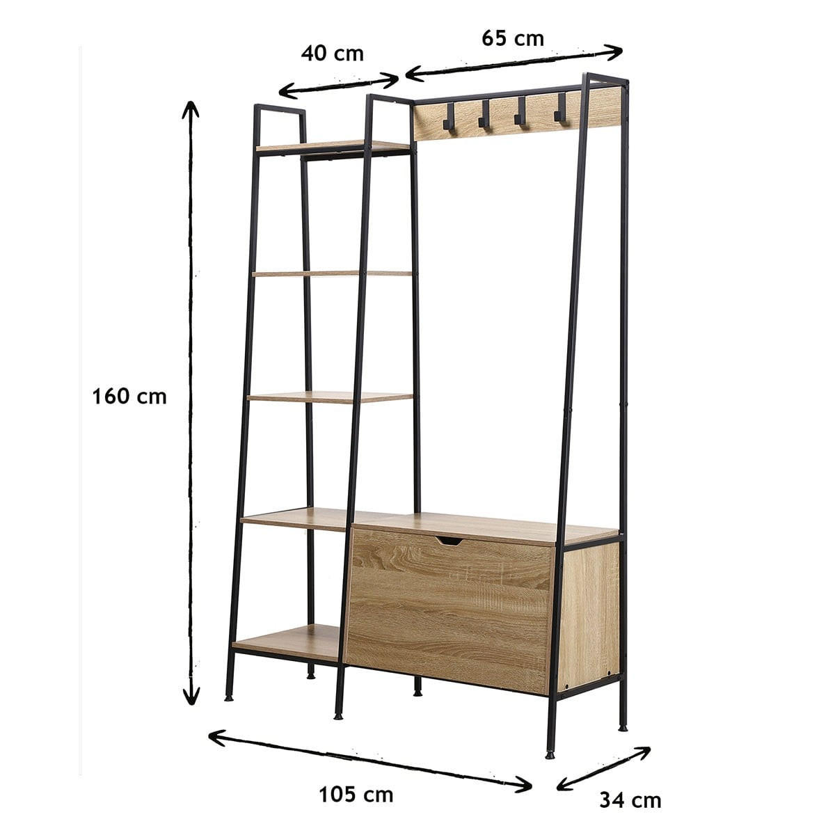 GARDEROBENSTÄNDER mit 5 Regalen, Schuhkasten und Kleiderhaken - Eichefarben, Holzwerkstoff (35/160/105cm) - Calicosy
