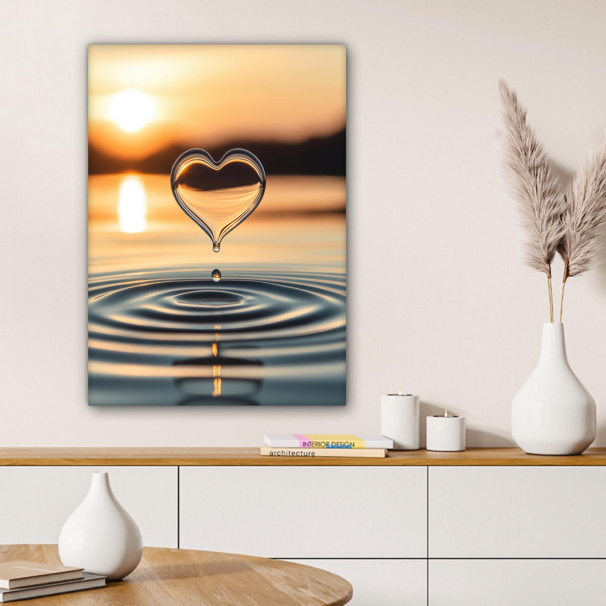 LEINWANDBILD - Herz - Wasser - Sonnenuntergang - Natur - Zen - 60x80 - Gemälde - Bernsteinfarben, Textil (60/80cm) - MuchoWow
