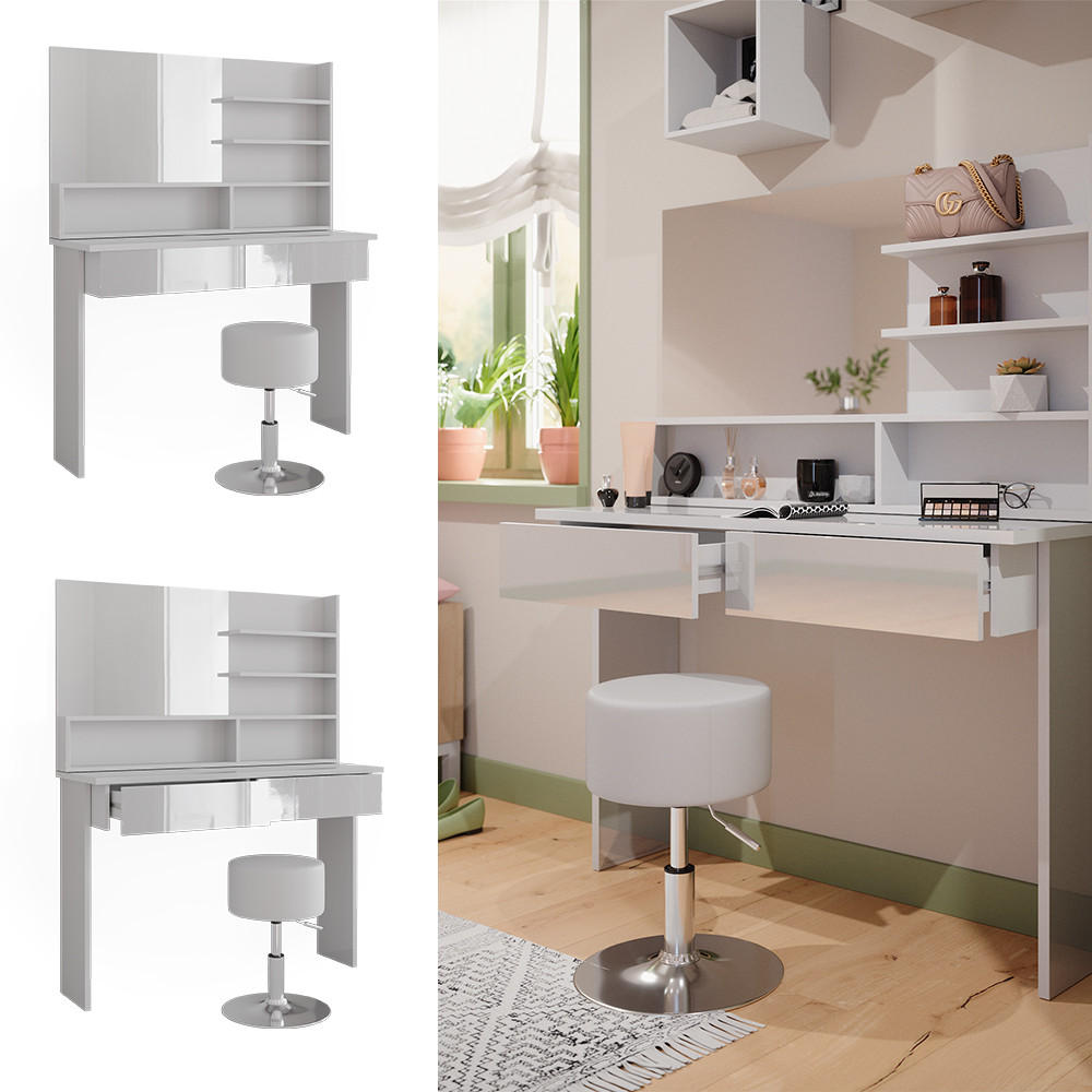 SCHMINKTISCH Azur Weiß 120 cm mit Hocker - Weiß Hochglanz/Weiß, Holzwerkstoff (120/83.5/40cm) - Vicco