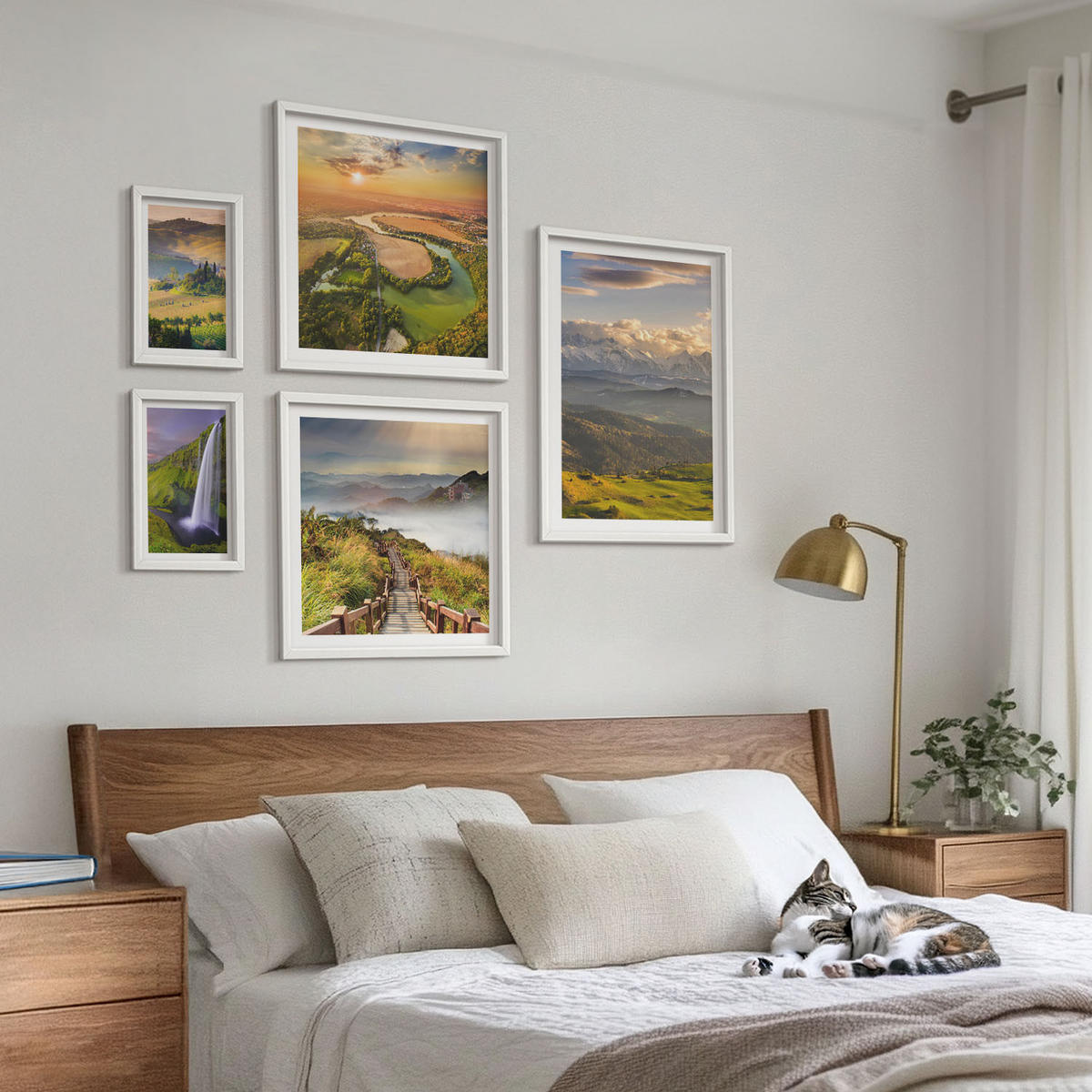 WANDBILDER 5er-Set - 50x50 cm & 20x30 cm & 40x60 cm Weißer Rahmen - Grüne Hügel mit einer Burg - Weiß, Kunststoff (40/60cm) - ArtPrintCave