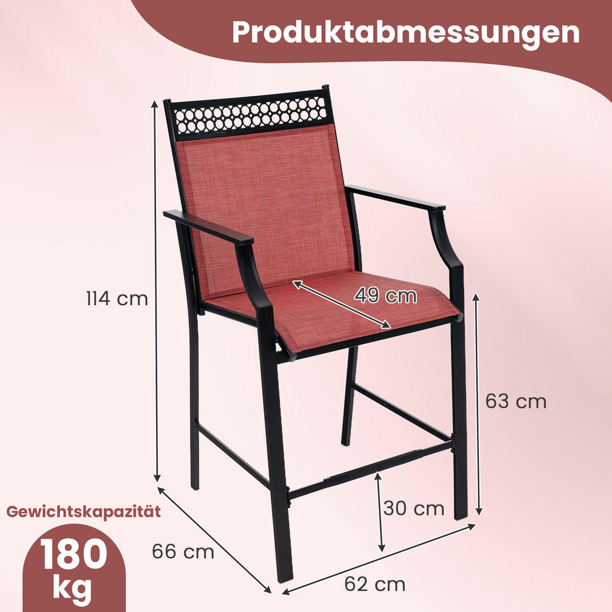 GARTENSTÜHLE Rot(2er-Set) - Rot, Metall (62/114/66cm) - COSTWAY