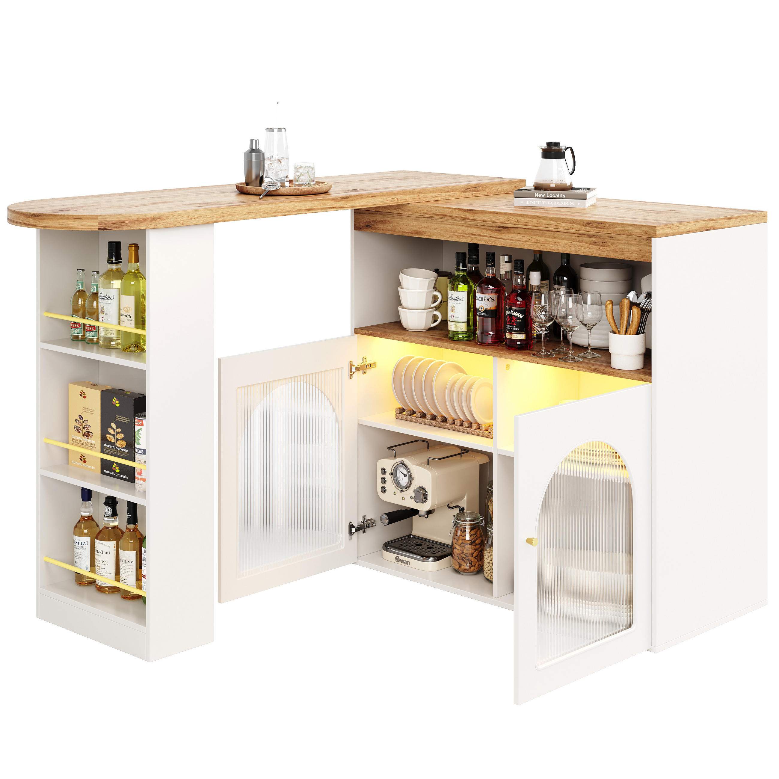 BARTISCH 138/39/105 cm weiß mit Aufbewahrungssystem und LED-Beleuchtung - Weiß, Holzwerkstoff (39/193/105cm) - OKWISH