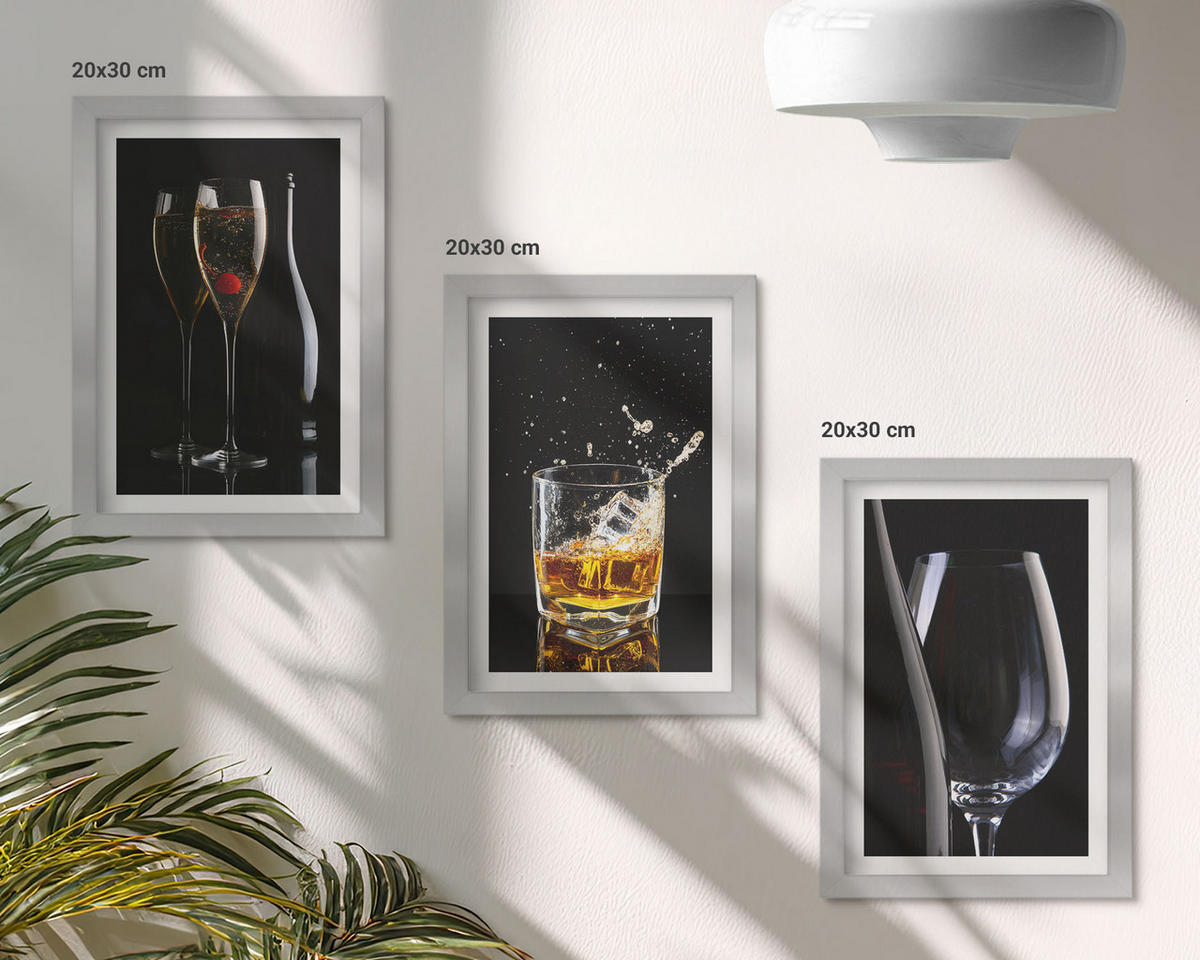 WANDBILDER 3er Set - 20x30 cm Silberner Rahmen - Weingläser und Whiskygläser auf schwarzem Hintergrund - Silberfarben, Kunststoff (20/30cm) - ArtPrintCave