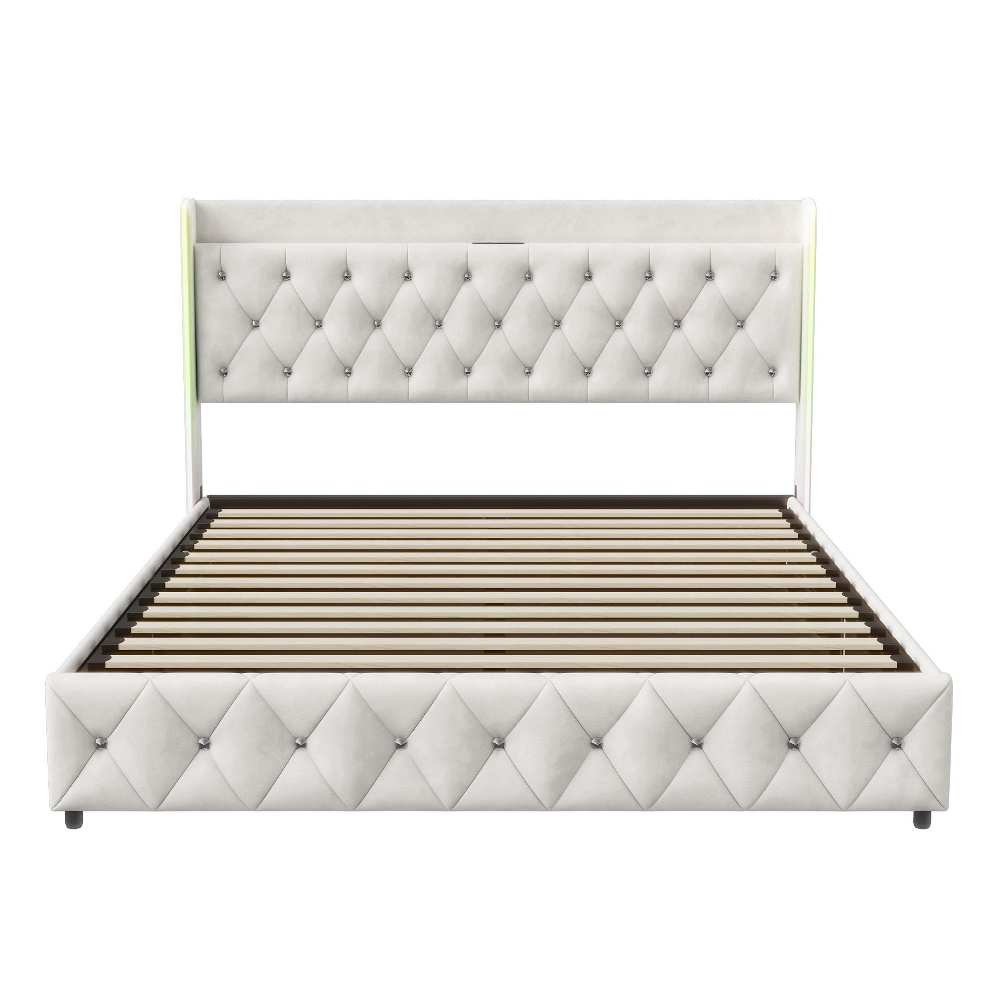 POLSTERBETT 140x200 cm mit LED, USB-C, Lattenrost, Samt, Beige - Beige, Metall (140/200cm)