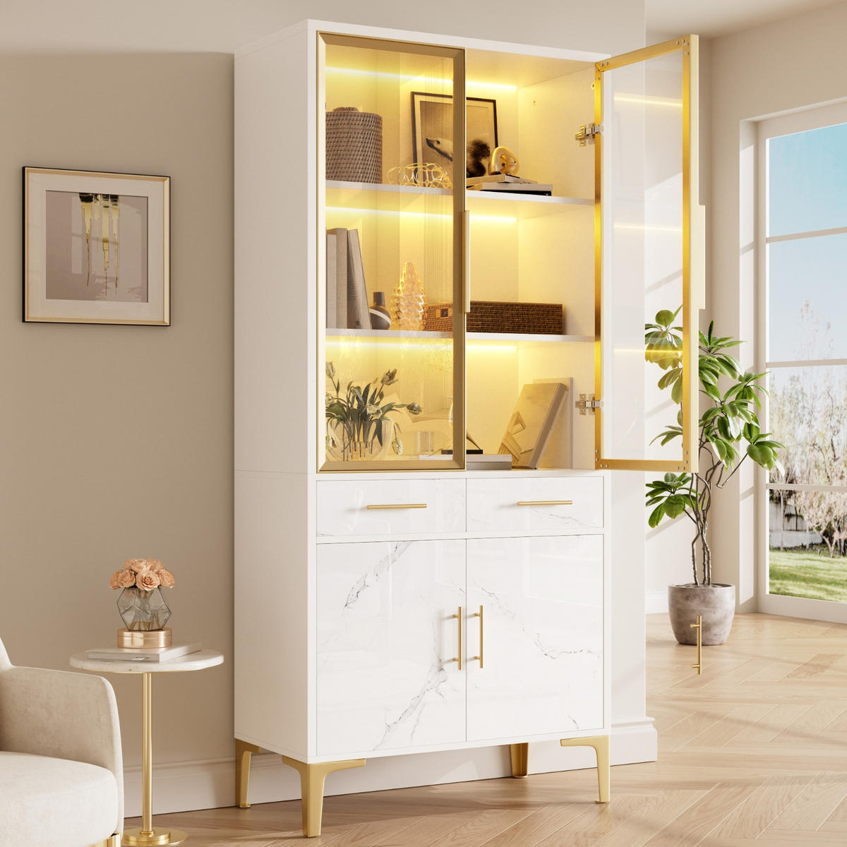 KÜCHENSCHRANK75/170/38 cm, Weiß Hochglanz, Marmoroptik, MIT LED BELEUCHTUNG, für Wohnzimmer und Esszimmer - Weiß, Holzwerkstoff (38/170/75cm) - Rolipo