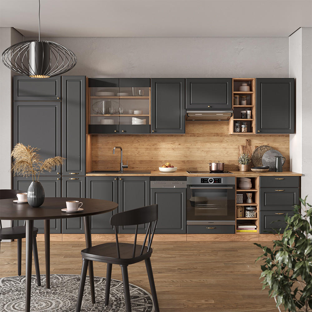 KÜCHENZEILE Fame-Line Anthrazit Landhaus/Goldkraft Eiche 355 cm AP Anthrazit - Dunkelgrau/Eiche Wotan, Holzwerkstoff (355/81.6/60cm) - Vicco