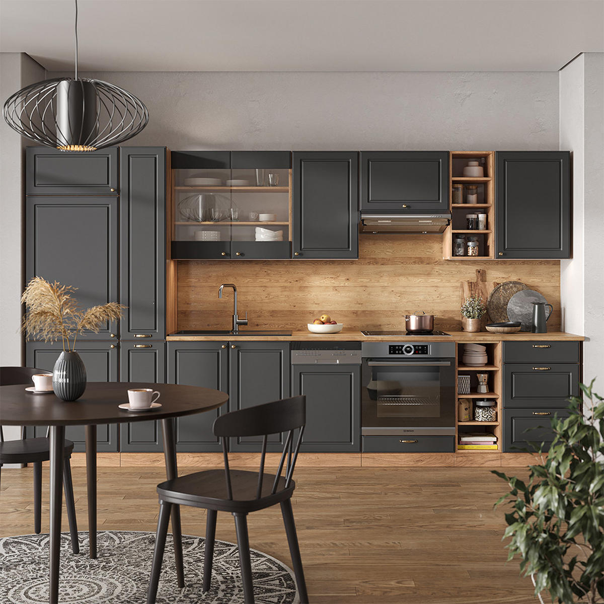 KÜCHENZEILE Fame-Line Anthrazit Landhaus/Goldkraft Eiche 355 cm ohne AP - Dunkelgrau/Eiche Wotan, Holzwerkstoff (355/81.6/46cm) - Vicco