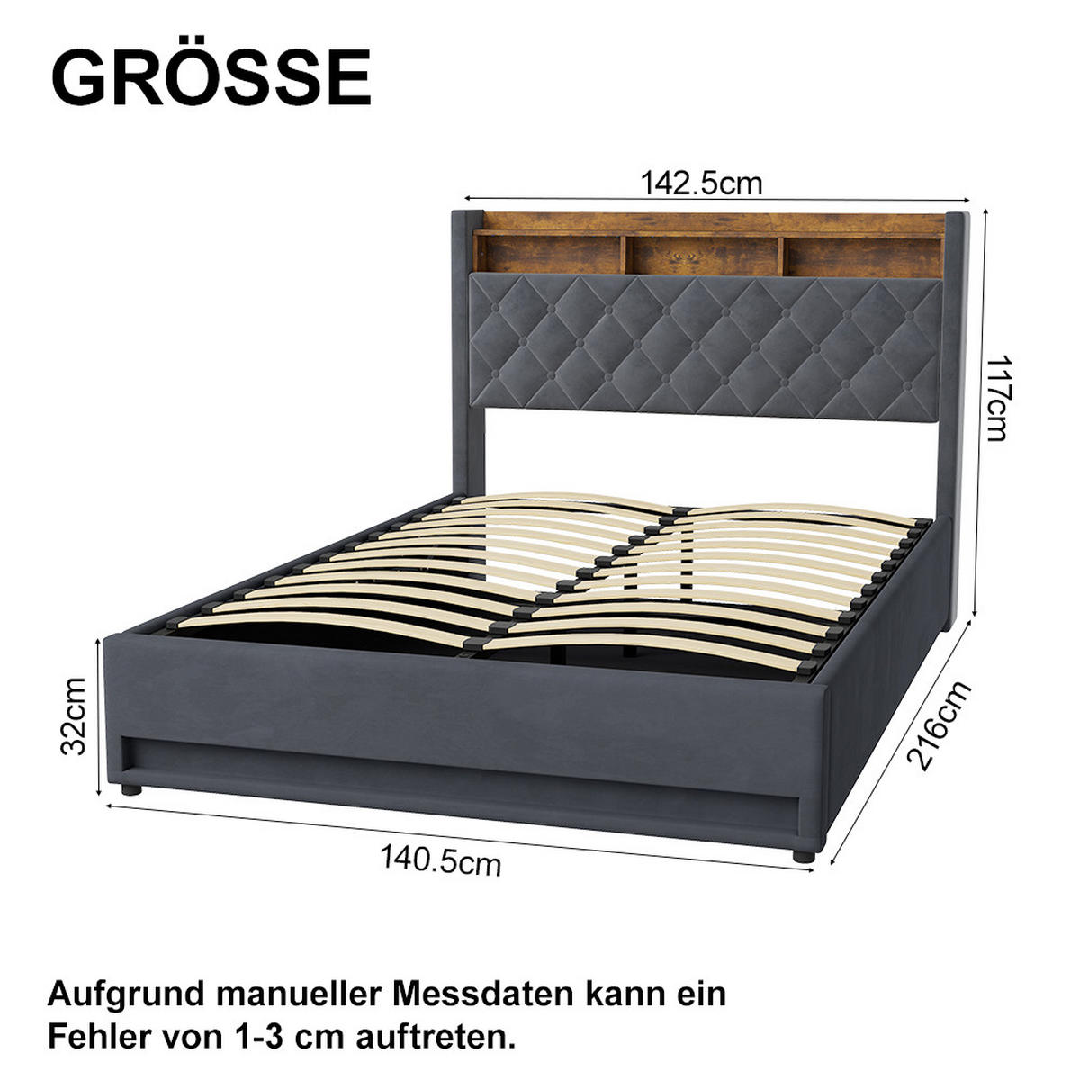 POLSTERBETT 140/200 cm in Grau Samt mit Bettkasten, LED-Beleuchtung und USB-Anschluss - Grau, Holzwerkstoff/Textil (140/200cm) - CHICFURN