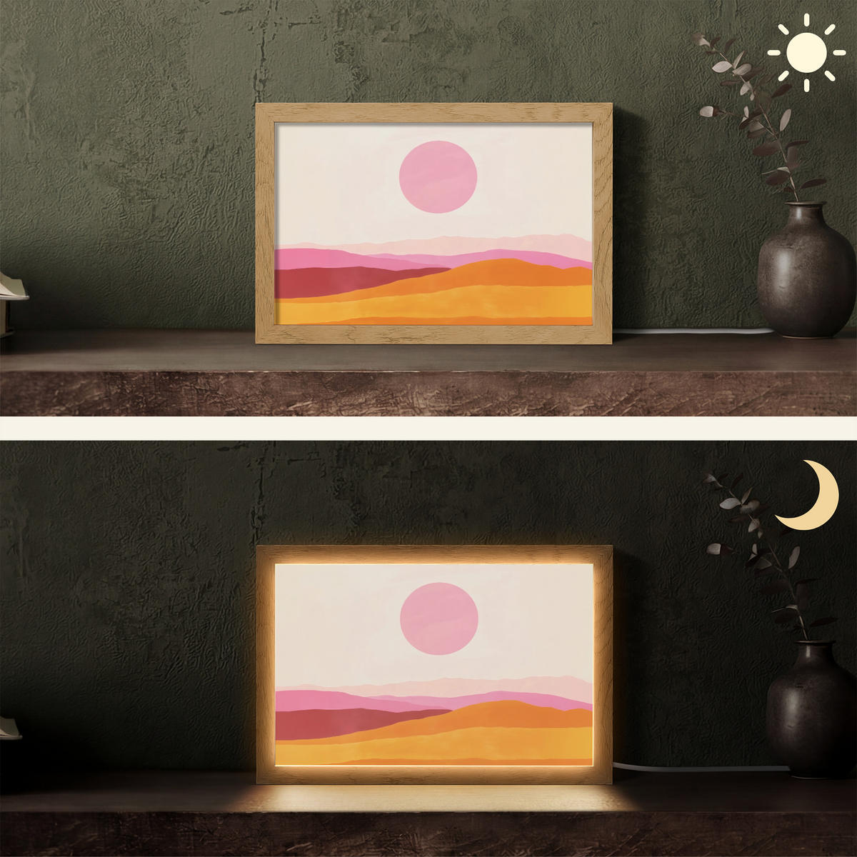 STOLNÍ LAMPA Kopce - oranžová - slunce - abstraktní 30x20 cm - chromová, kompozitní dřevo (8/30/20cm) - OnlyWow