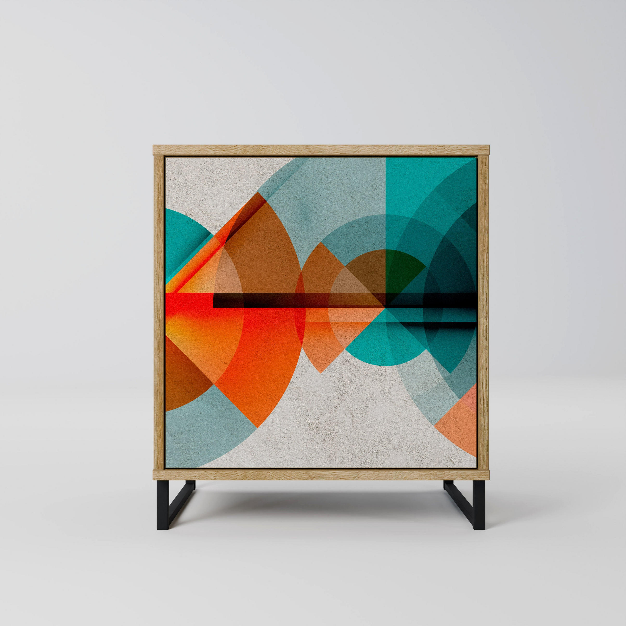 SIDEBOARD CIRCULAR RHAPSODY, Eichefarben, 57,5x42x67,5 cm, Schwarze Metall-Rahmenfüße - Eichefarben/Multicolor, Holzwerkstoff/Metall (57.5/67.5/42cm) - SpaceRebels