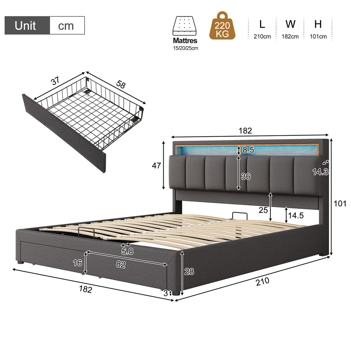 POLSTERBETT 180/200 cm dunkelgrau aus Leinen mit LED und Bettkasten - Dunkelgrau, Textil (180/200cm) - OKWISH