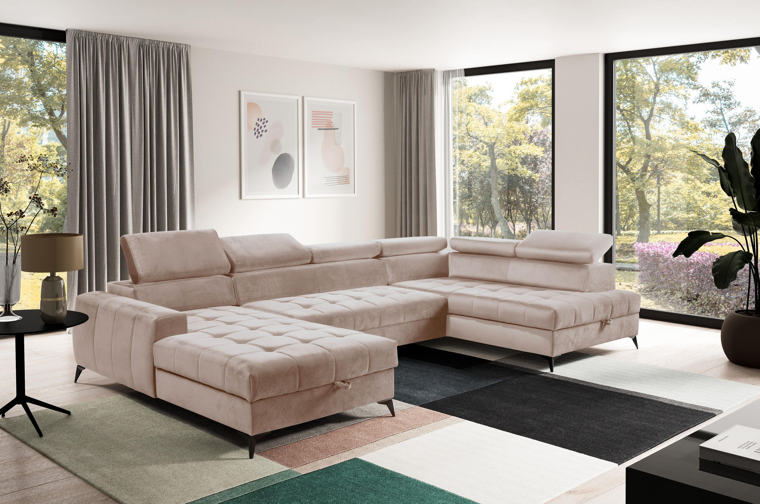 WOHNLANDSCHAFT Arkucio U Beige 345/200/95 cm – großes Sofa mit Schlaffunktion L - Beige/Schwarz, Textil/Metall (200/95/345cm) - AX Living