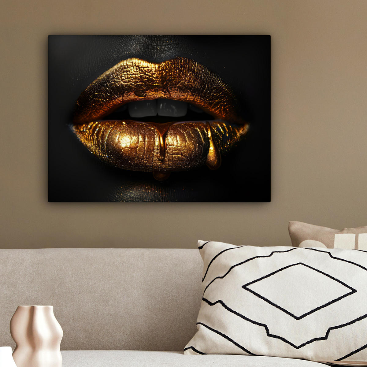 LEINWANDBILD Frau - Porträt - Lippen - Gold - Schwarz 40x30 cm - Schwarz, Textil (40/30cm) - MuchoWow