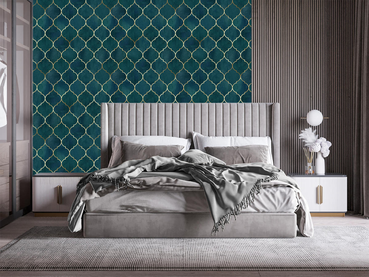 VLIESTAPETE Marokkanische Ornamente – Petrol, Goldfarben – 50x1000 cm - Goldfarben/Petrol, Papier (50/1000cm) - Muralo
