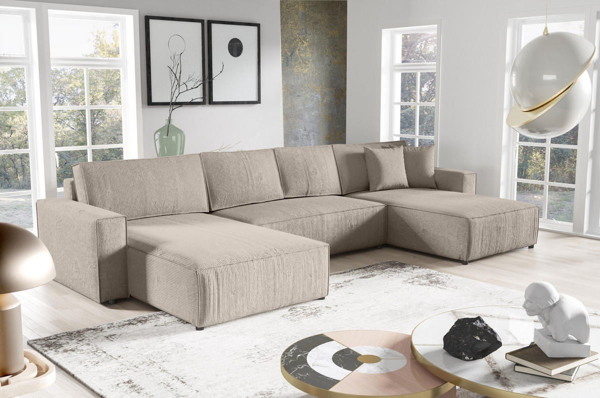 WOHNLANDSCHAFT Sekwana U Beige - Beige, Naturmaterialien (185/70/398cm) - Fedve
