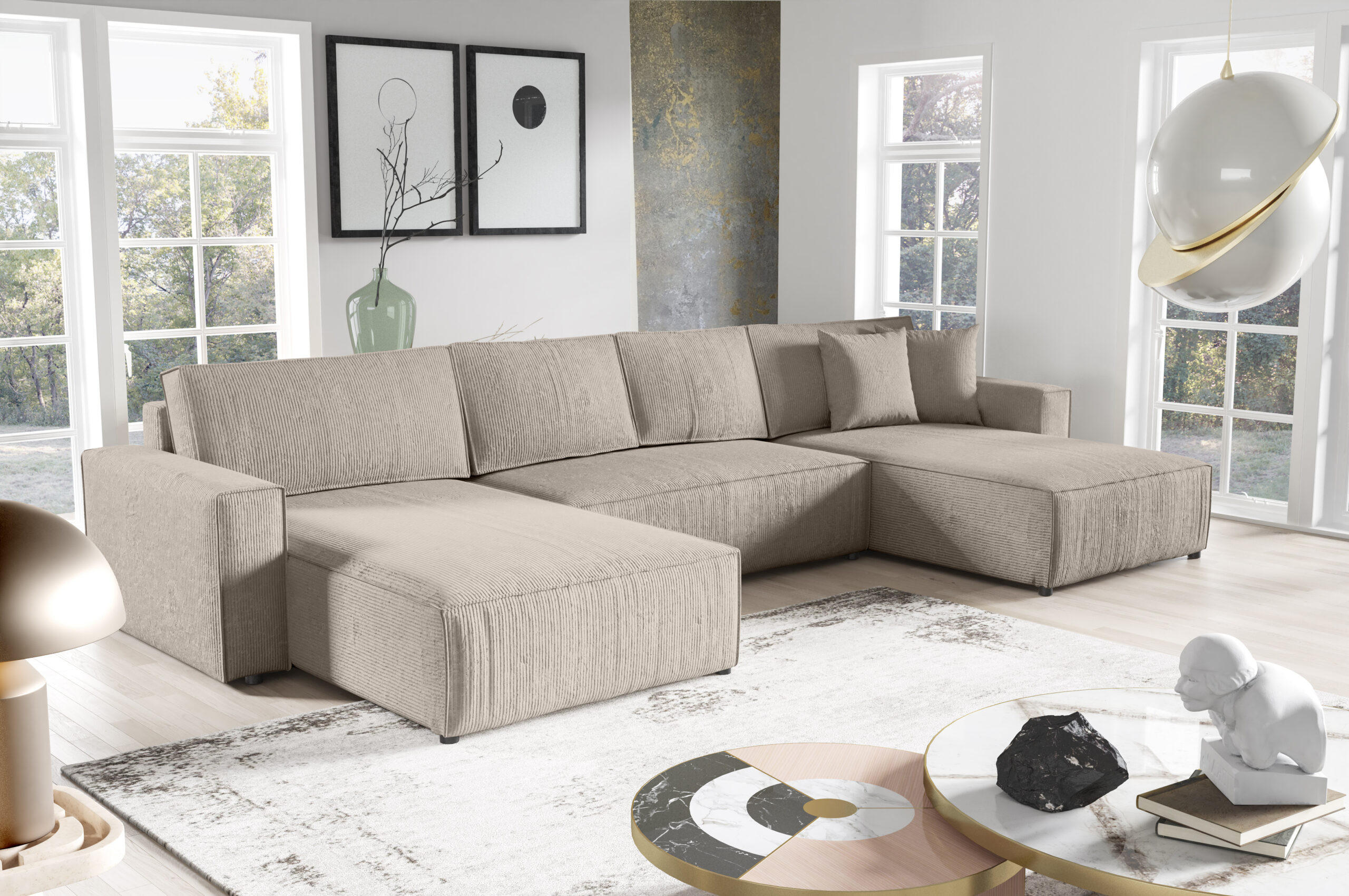 Thumbnail - Fedve Wohnlandschaft, Beige, Naturmaterialien, U-Form, 185x70x398 cm, Wohnzimmer, Sofas & Couches, Wohnlandschaften, Woh...