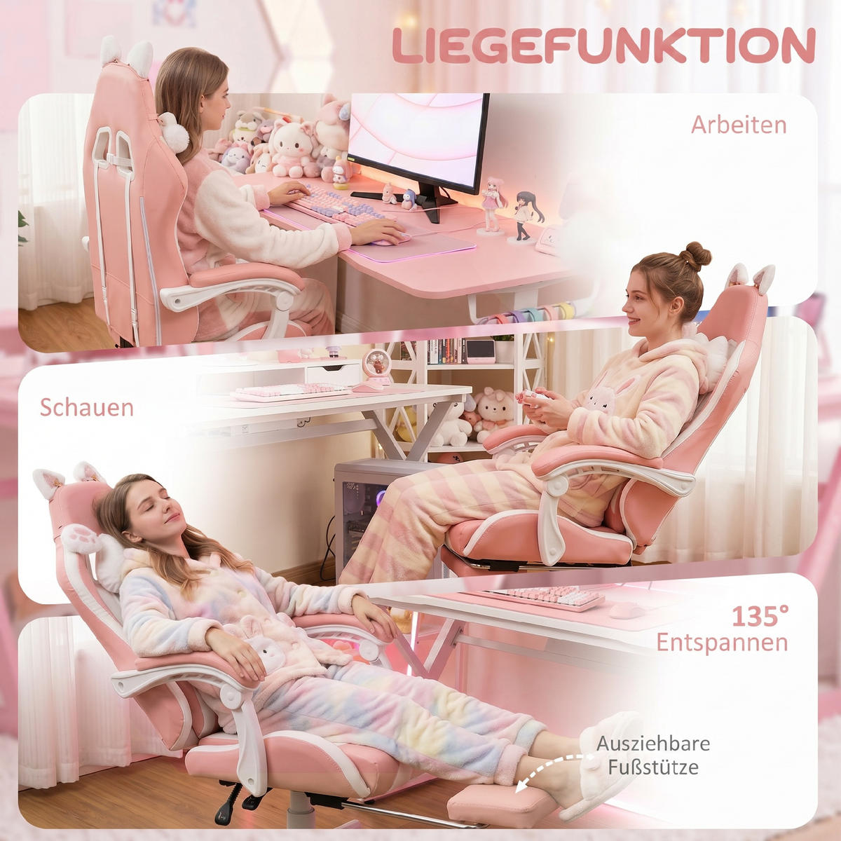 GAMING židle Ergonomická herní židle s bederní opěrkou, opěrkou nohou, růžová - bílá/růžová, plast/kůže (62/124/65cm) - HOMCOM