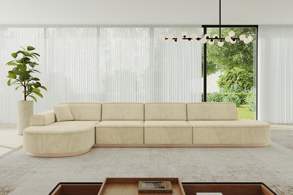 ECKSOFA Ottomane Links MARI-L3-v1 - 413x171x83 cm Beige Velours - Beige, Holzwerkstoff/Textil (413/171cm) - ALTDECOR
