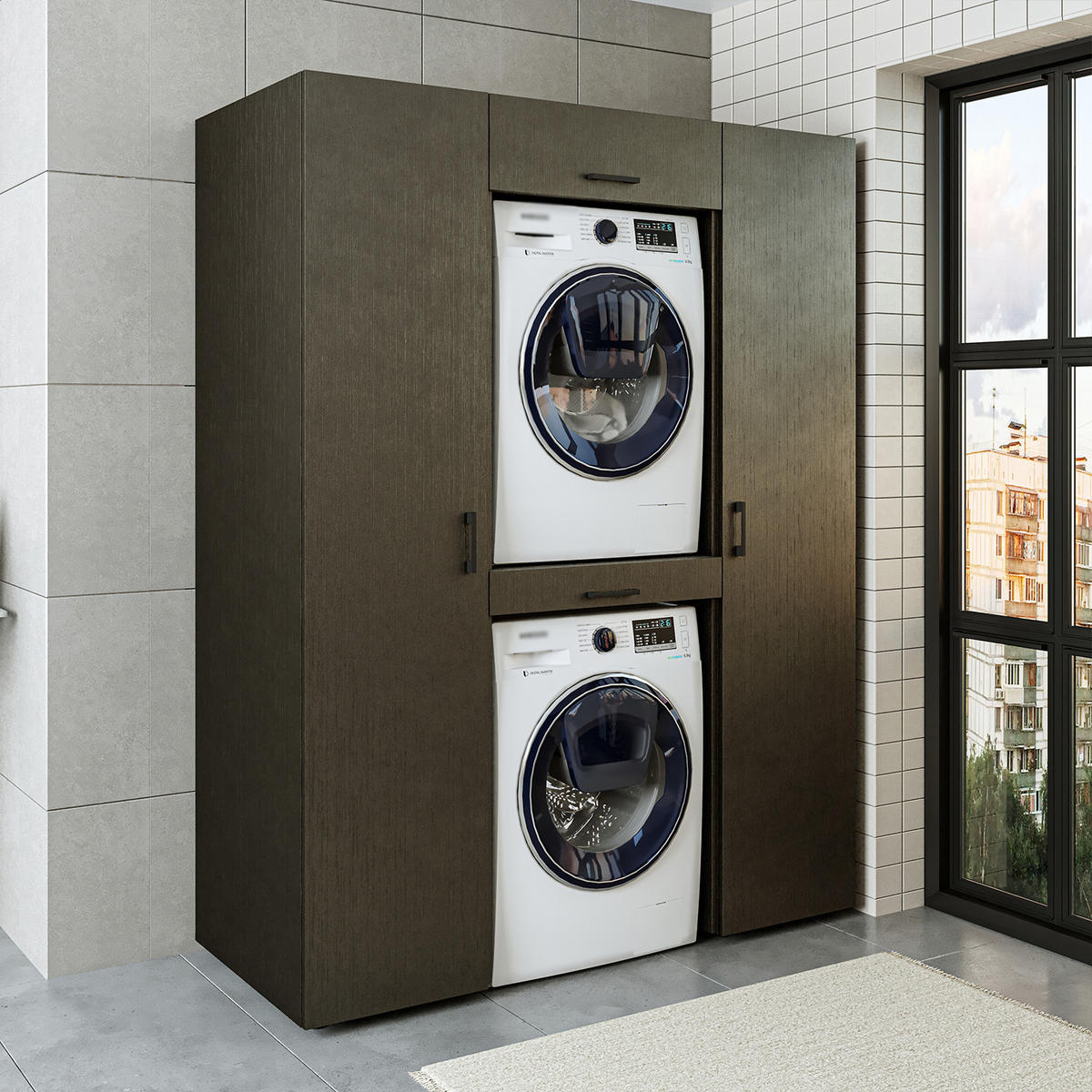 WASCHMASCHINENSCHRANK DUO-I 157cm Breit, 205cm Hoch - Schwarz, Holzwerkstoff (157/205/67cm)