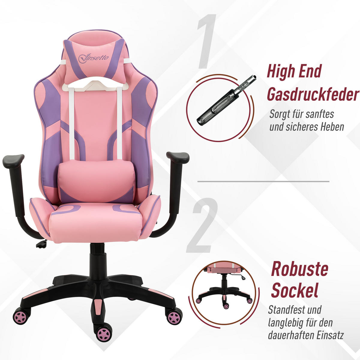 GAMING Stuhl, Bürostuhl, Rosa&Violett - Rosa, Leder (56/125.5/69cm) - Vinsetto