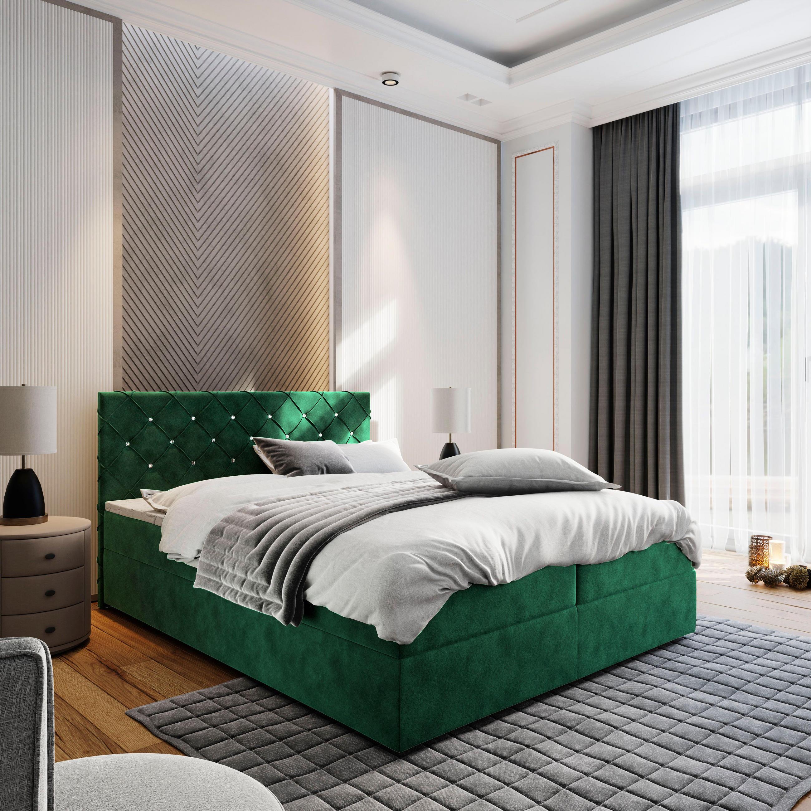 BOXBETT RIVA 140x200 cm mit Matratze und Topper, H2+H3 - Grün - Grün, Holz (140/200cm) - MASSENO