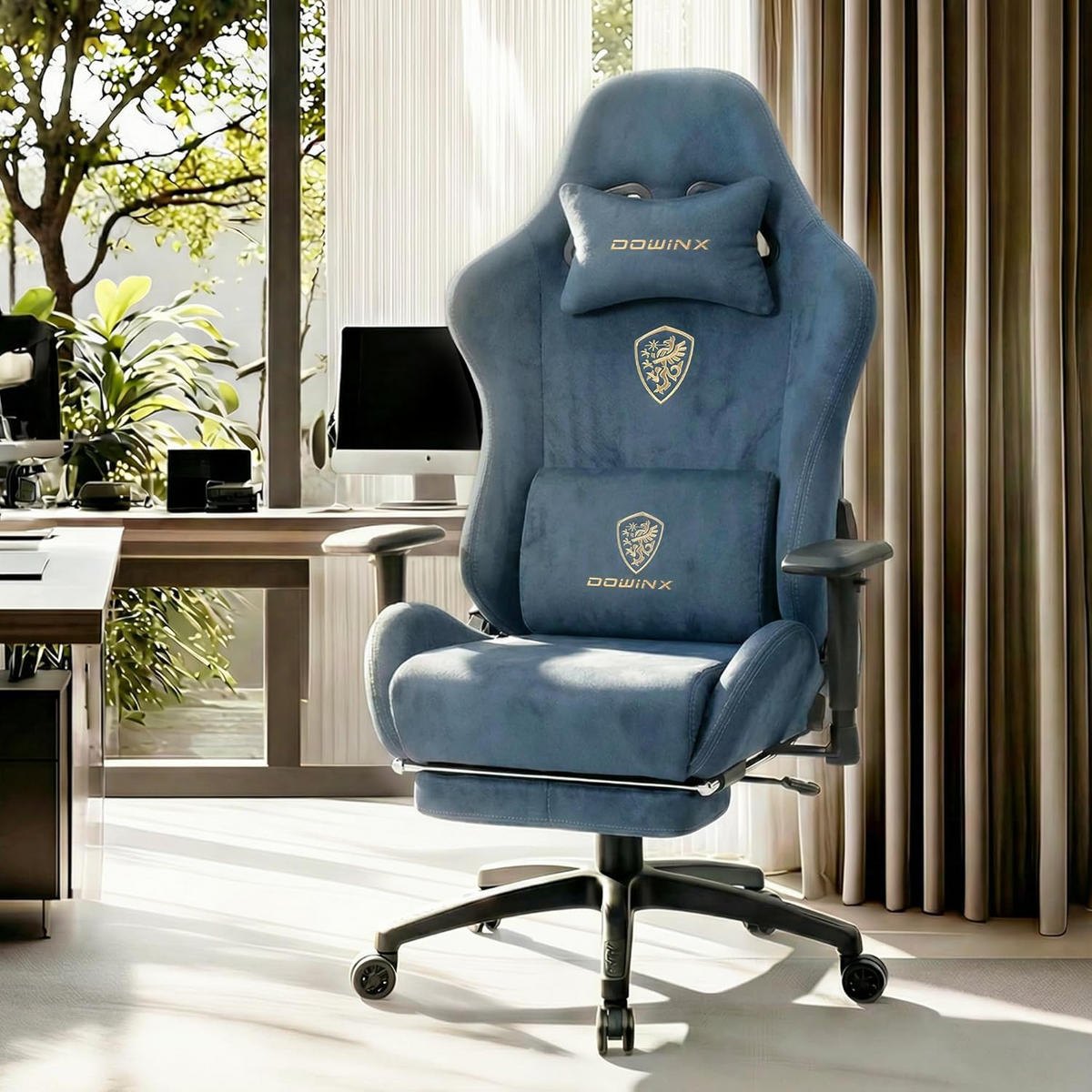GAMING-STUHL Mikrofaser-Velours Verstellbarer Bürostuhl mit Fußstütze - Blau, Leder (70/128/70cm)