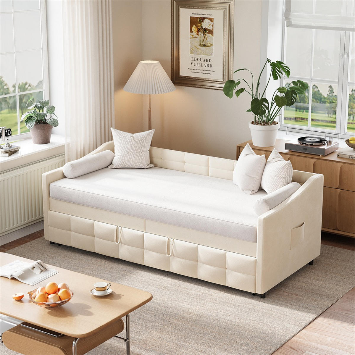 POLSTERBETT 90x200cm mit Ausziehfunktion 90x190cm - Doppelbett 90x200cm&90x190cm - ohne Matratze - Creme - Creme, Textil (90/200cm) - DELFA