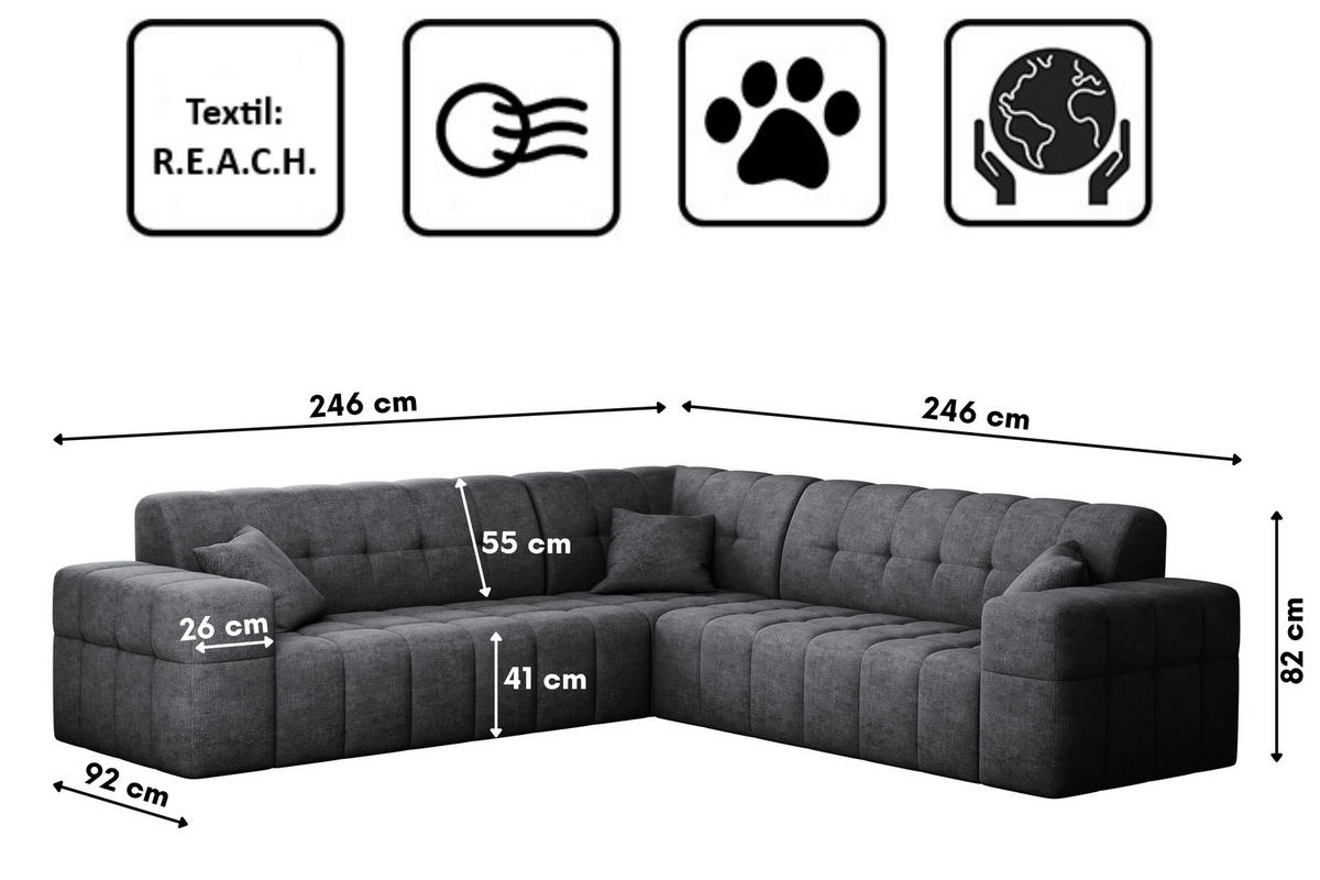 ECKSOFA Corner NIMES Stoff Perfect Harmony Dunkelgrau - Dunkelgrau, Holz (246/246cm) - Kaiser Möbel