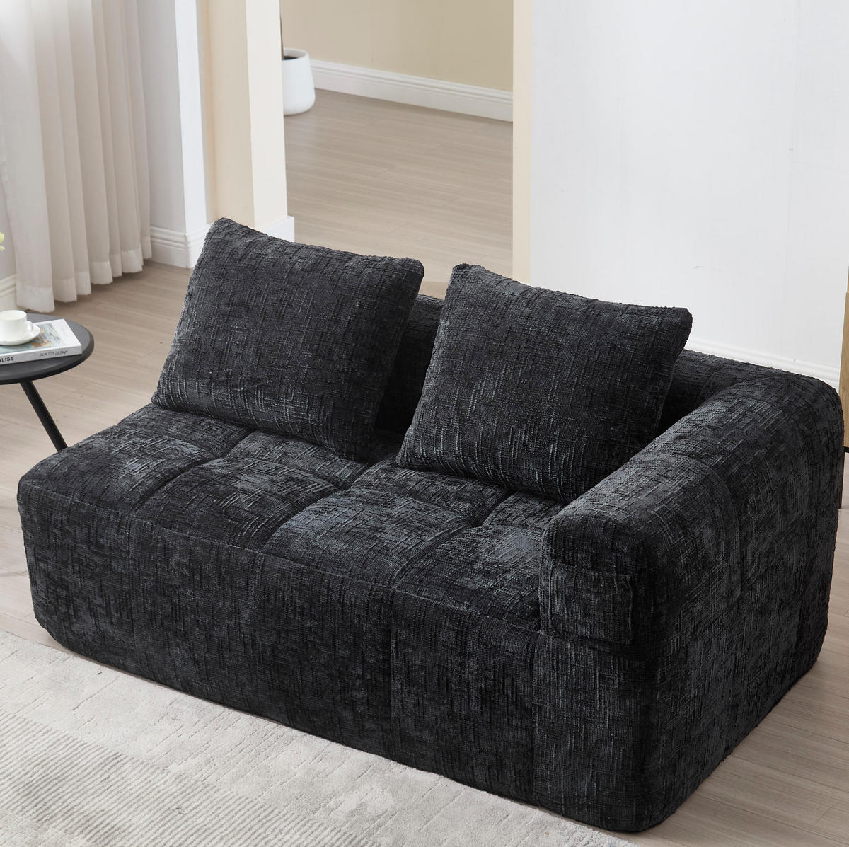 SOFA mit Seitentaschen ca. 158 x 90 cm Chenille Schwarz - Schwarz, Kunststoff (158/60/90cm) - Meubliv