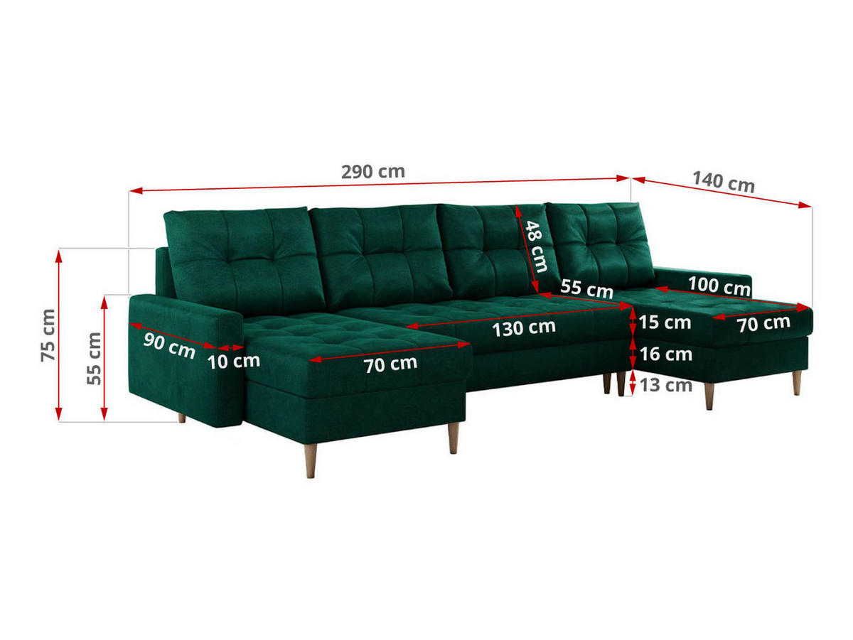 WOHNLANDSCHAFT Colin U Velvet Dunkelgrün - Dunkelgrün/Braun, Holz/Textil (290/75/140cm) - MKS