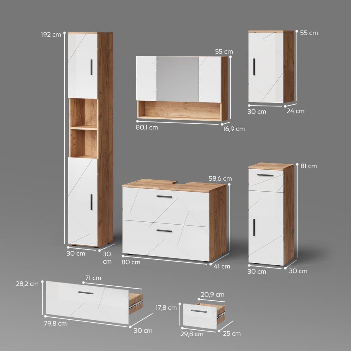 BADMÖBEL-SET Ronco Weiß Hochglanz/Goldkraft Eiche 5 Teile - Weiß Hochglanz/Eiche Wotan, Holzwerkstoff (80/58/41cm) - Livinity®