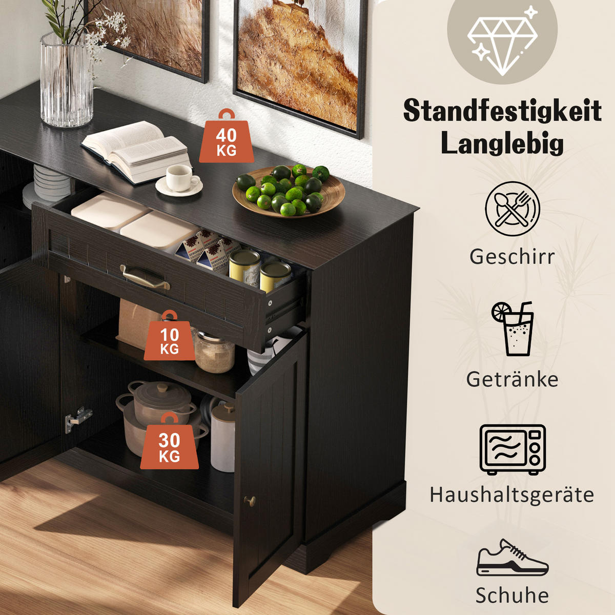 SIDEBOARD mit Schublade & 3 Türen in Schwarz – moderner Stauraum - Schwarz, Holzwerkstoff (107/83.4/40cm) - BEAOK