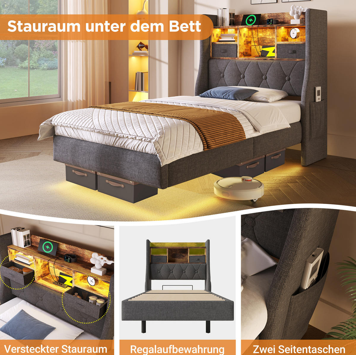 POLSTERBETT 140/200 cm Grau mit LED-Beleuchtung, Stauraumkopfteil und Matratze - Grau, Textil (140/200cm) - Flora Grace