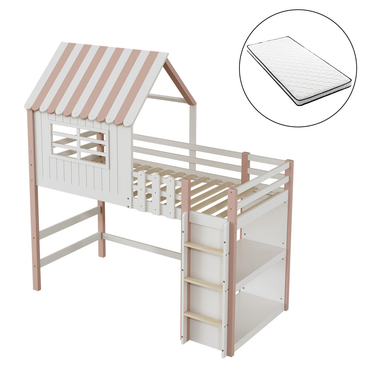 HOCHBETT 90/200 cm Rosa Hausbett mit Sicherheitsleiter und Stauraum mit Matratze - Rosa, Holzwerkstoff (90/200cm) - OKWISH