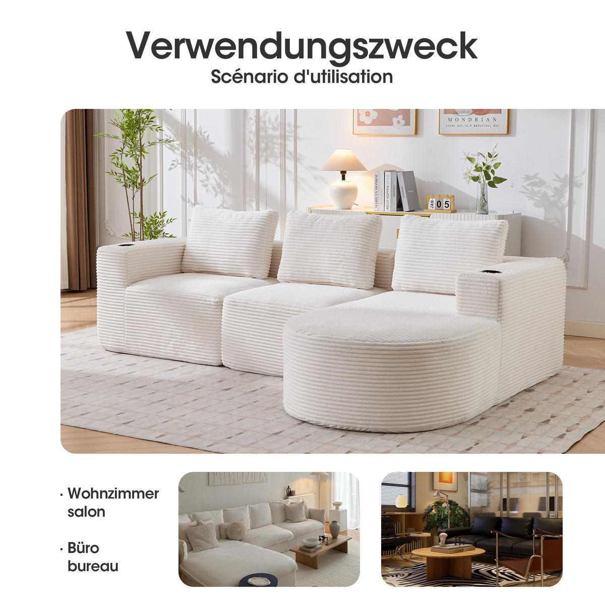 ECKSOFA 258/171/62.5 cm Beige mit 3 Kissen und 2 Getränkehalter - Beige, Textil (265/176cm) - Oxeza