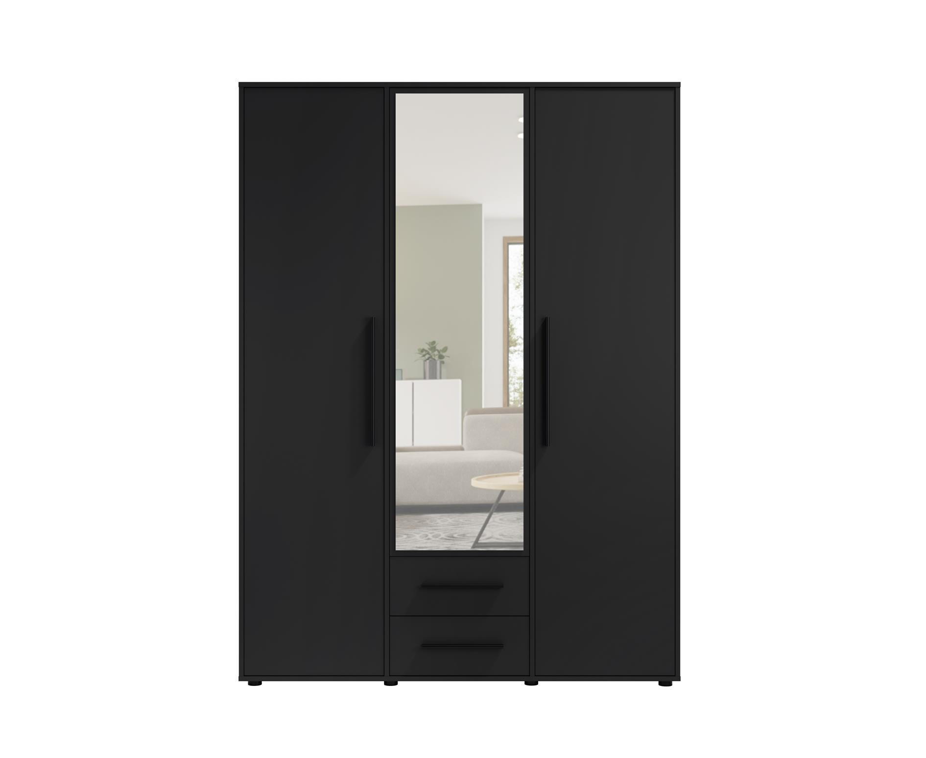 KLEIDERSCHRANK Maxivo Schwarz, dreitüriger Kippschrank mit Schubladen und Spiegel, Erweiterung - Schwarz, Holzwerkstoff (150/248/59cm) - Bettso