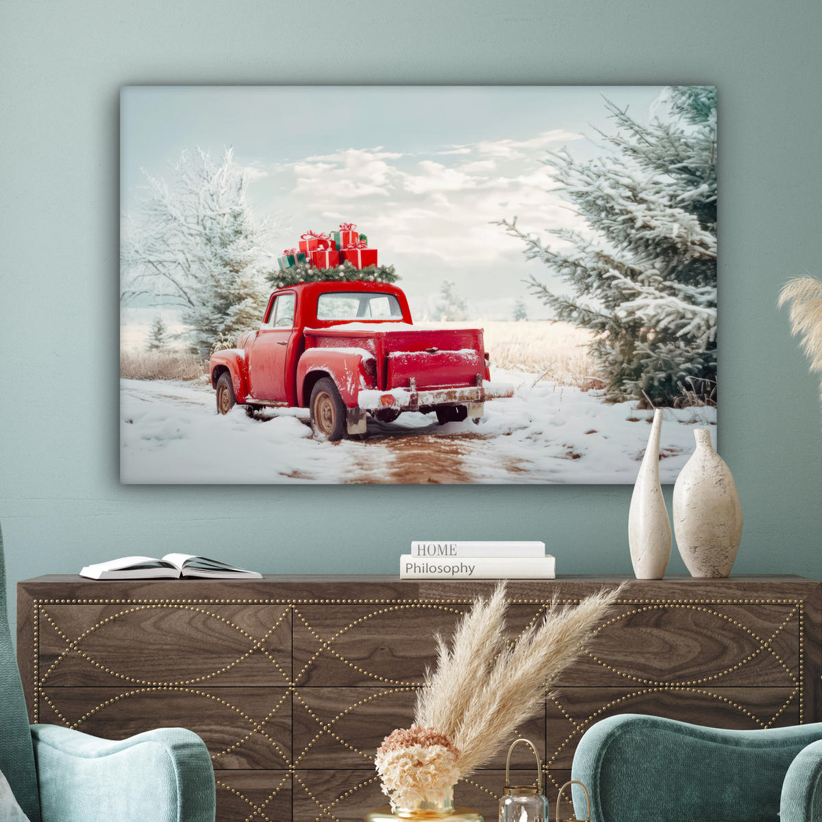 LEINWANDBILD Auto - Rot - Geschenke - Winter - Schnee - Weihnachten XXL 150x100 cm - Rot, Textil (150/100cm) - MuchoWow