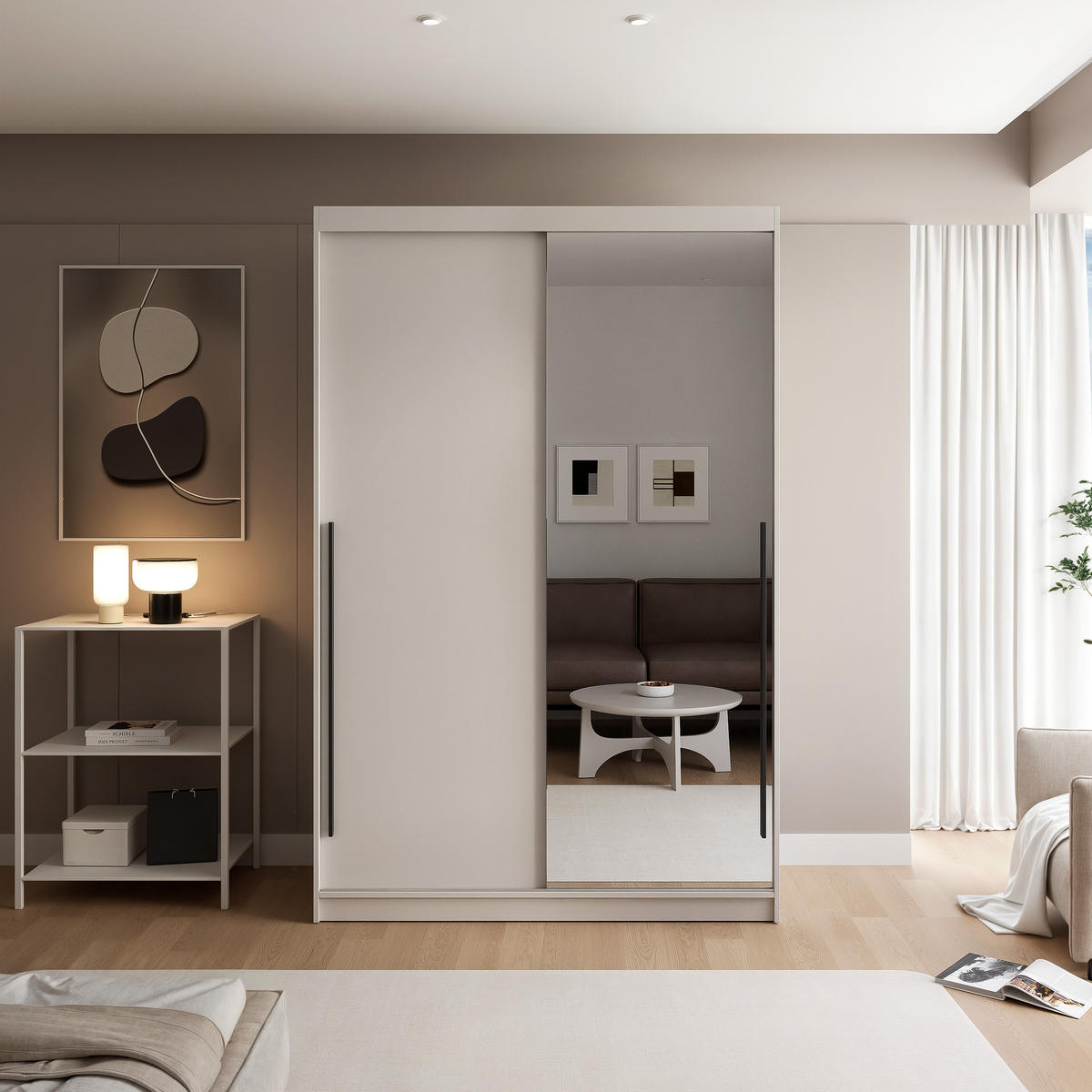 SCHIEBETÜRENSCHRANK SILENTE 140 cm mit Einlegeböden und Kleiderstange - Beige, Holzwerkstoff (140/205/60cm) - Idohome