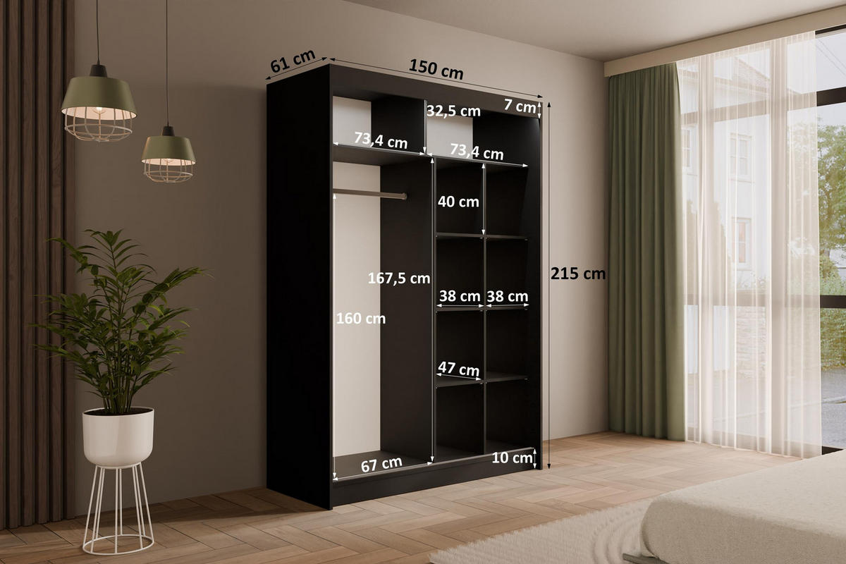 KLEIDERSCHRANK AMOHA mit LED - 150 cm - Schwarz - Schwarz, Holzwerkstoff (150/215/61cm) - ALTDECOR