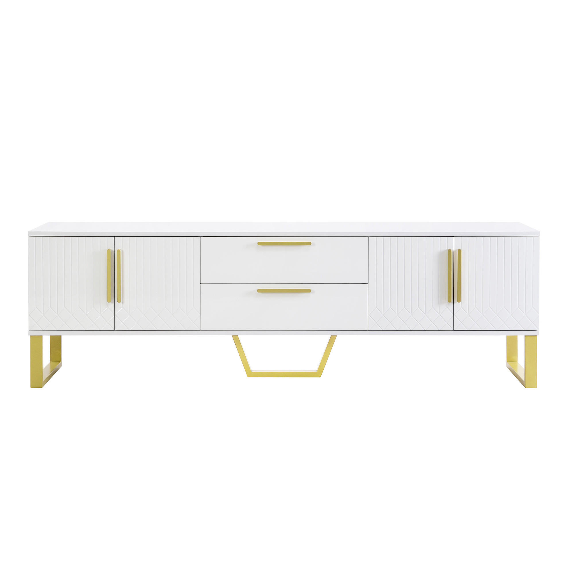 Modfu TV stolek z MDF 170x40x53,5 cm bílý se 4 dvířky, 2 zásuvkami, vysokým leskem a zlatými detaily