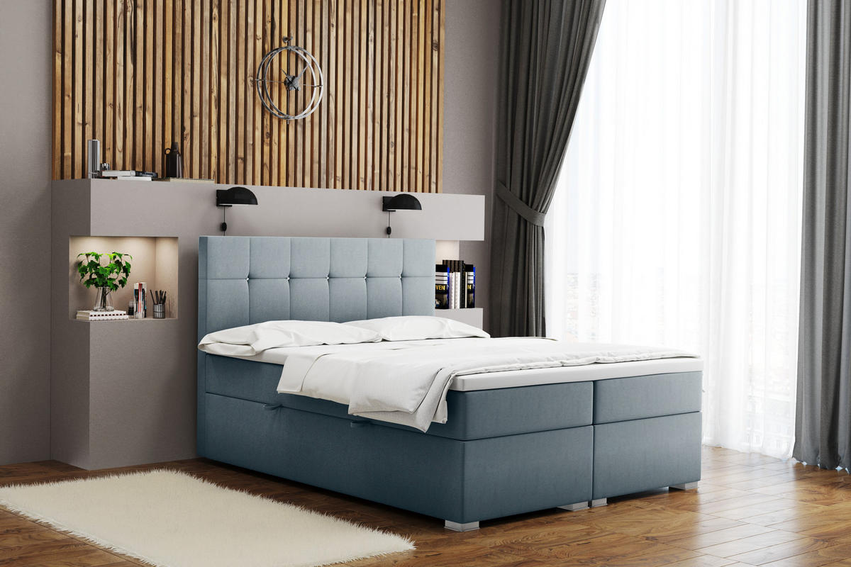 BOXBETT Mit Matratze Und Bettkasten LINDT Stoff Velvet 200x200 cm Hellgrau H3-Bonell - Hellgrau, Holz (200/200cm) - Kaiser Möbel