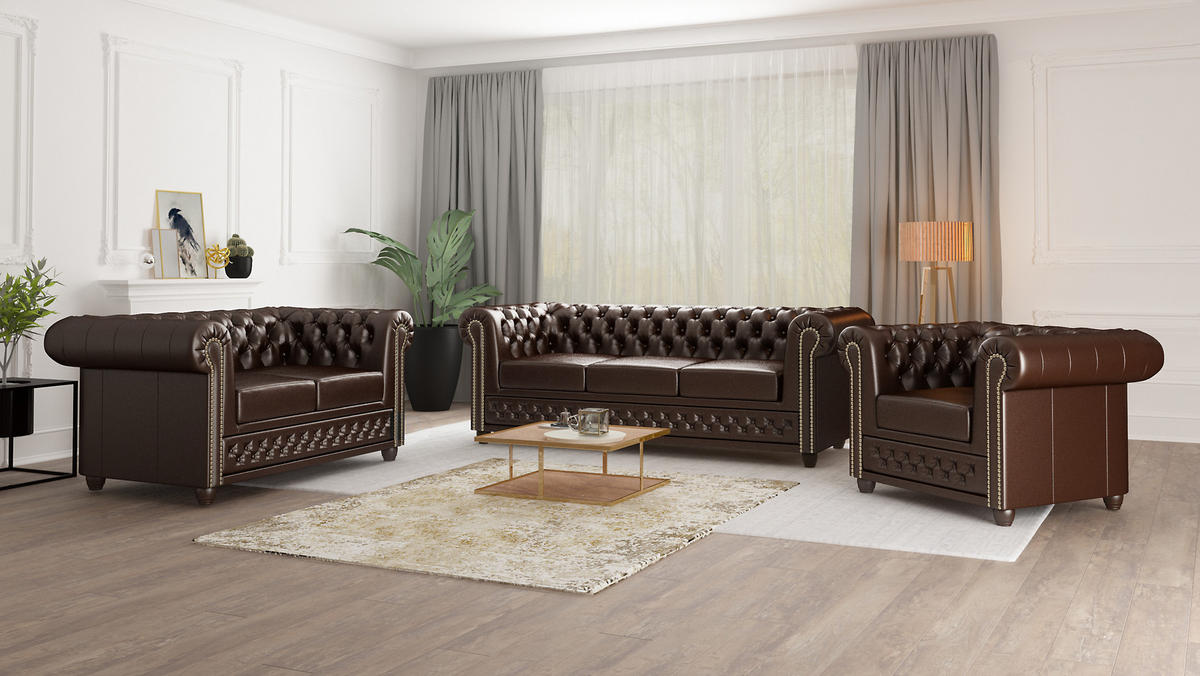 SITZGARNITUR 3+2+1 mit Schlaffunktion Chesterfield Morin Braun Vegan Leder - Braun, Buchenholz/Textil (203/72/86cm) - S-Style Möbel