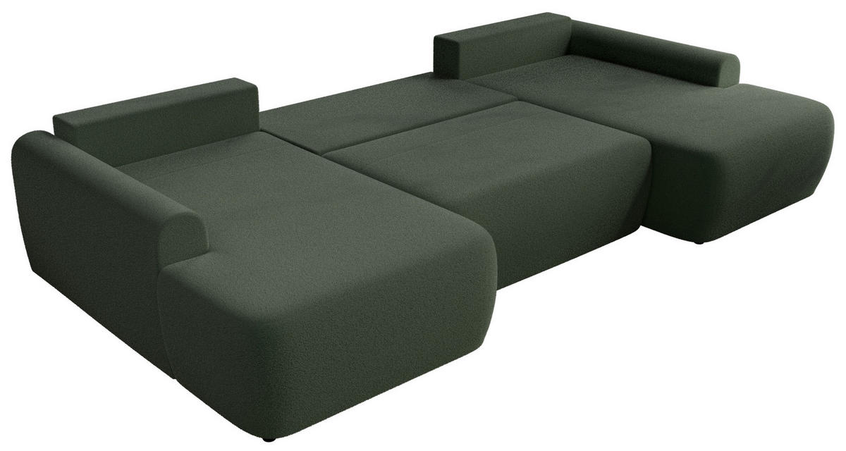 WOHNLANDSCHAFT CUBO U Dunkelgrün Boucle - Dunkelgrün/Schwarz, Kunststoff/Textil (370/100/187cm) - MKS