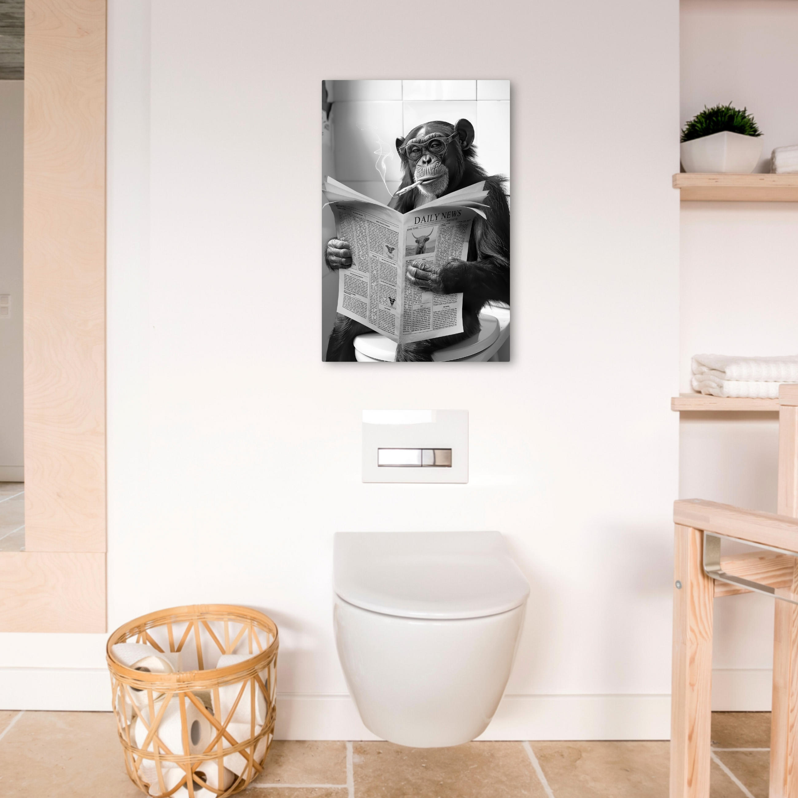 LEINWANDBILD Affe - WC - Zeitung - Schwarz-Weiß - Humor 40x60 cm - Hellgrau, Textil (40/60cm) - MuchoWow