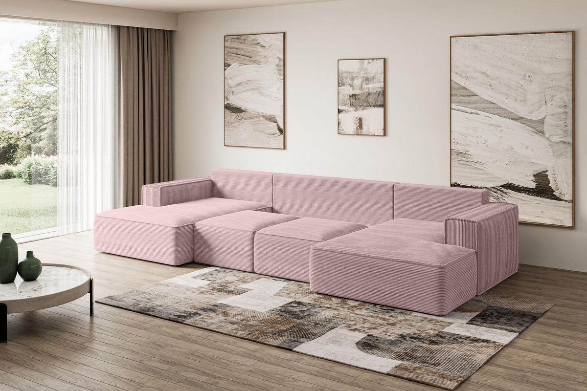 WOHNLANDSCHAFT mit Schlaffunktion und Bettkasten SIERRA-U-S - 349x161x87 cm Rosa Cord - Schwarz/Rosa, Holzwerkstoff/Kunststoff (349/87/161cm) - ALTDECOR