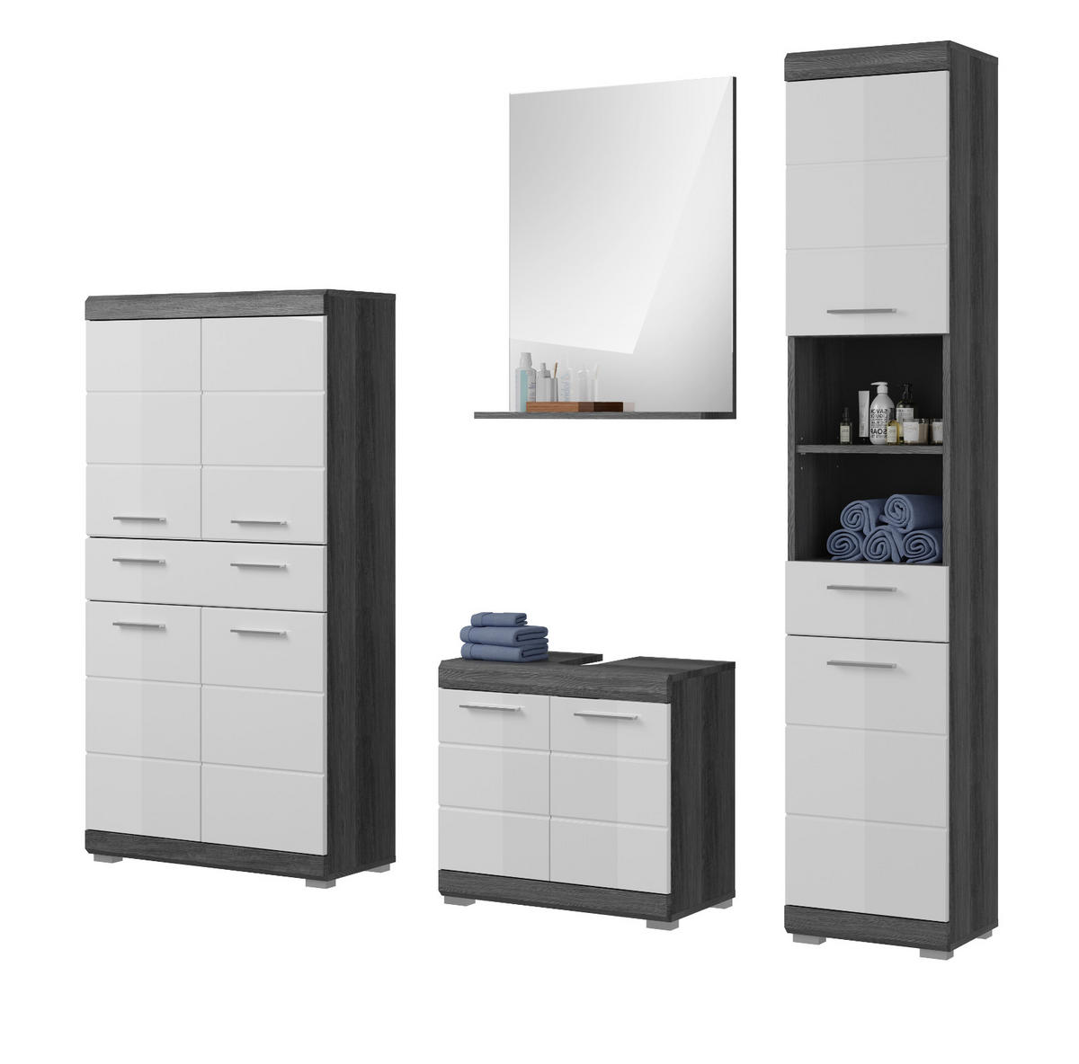 BADMÖBEL-SET weiß Hochglanz, grau 4-teilig 186 cm, Kombination mit viel Stauraum - Weiß Hochglanz/Grau, Holzwerkstoff (186/191/34cm) - Inn.Furn