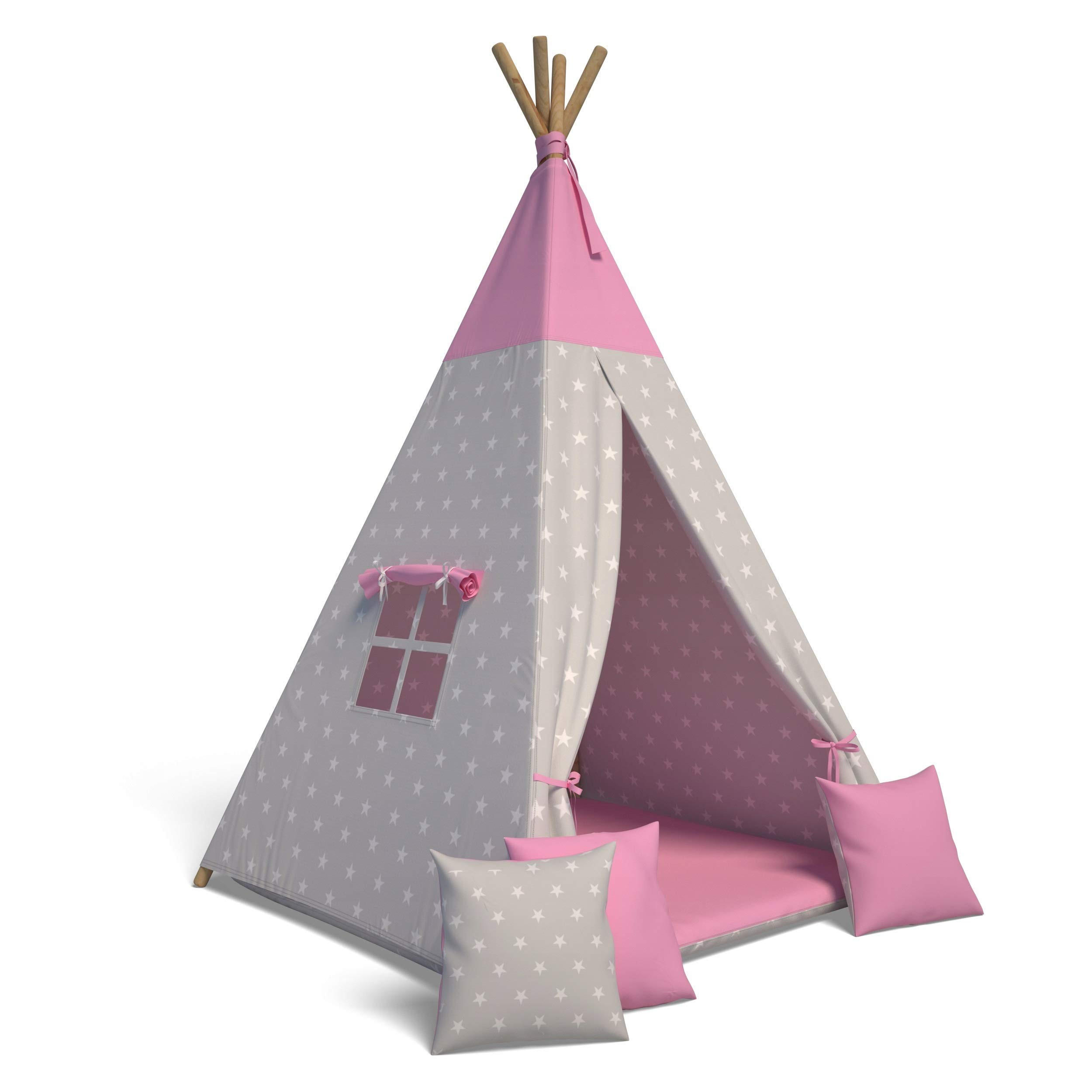 TIPI-ZELT 105 x 105 x 140 cm Sterne rosa mit weichen Kissen | Spielzelt für Kinderzimmer Indoor - Magenta, Textil (105/105cm) - Best for Kids